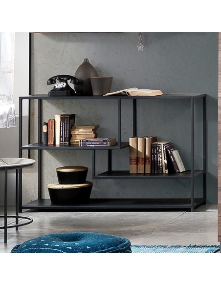 Libreria moderna Effreu Black in metallo e legno massello