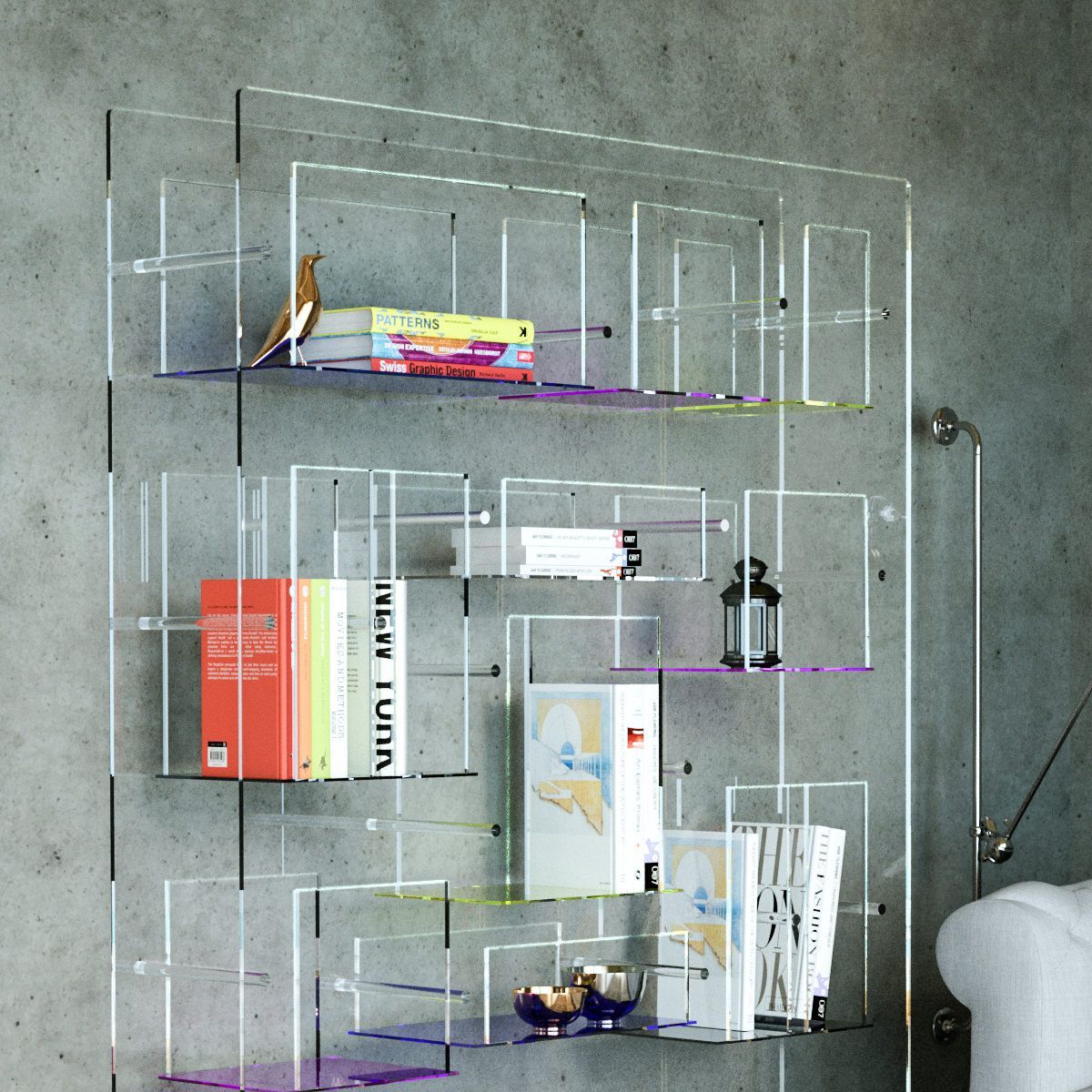 Libreria Jemma in Plexiglass Trasparente con Ripiani Multicolor | Dettaglio