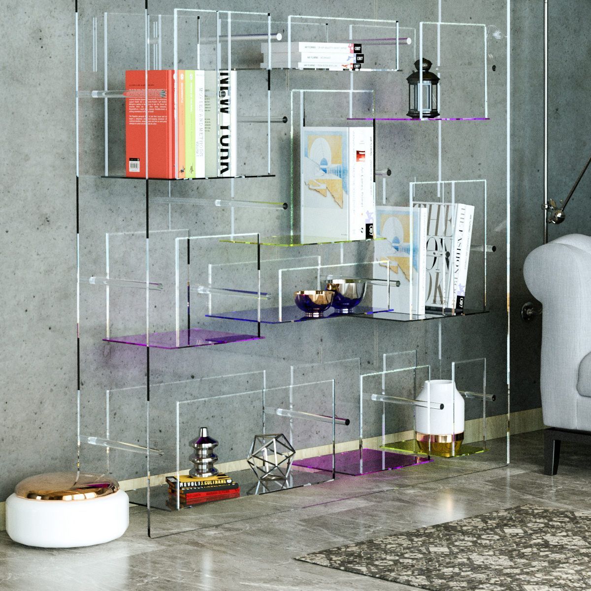 Libreria Jemma in Plexiglass Trasparente con Ripiani Multicolor | Dettaglio base